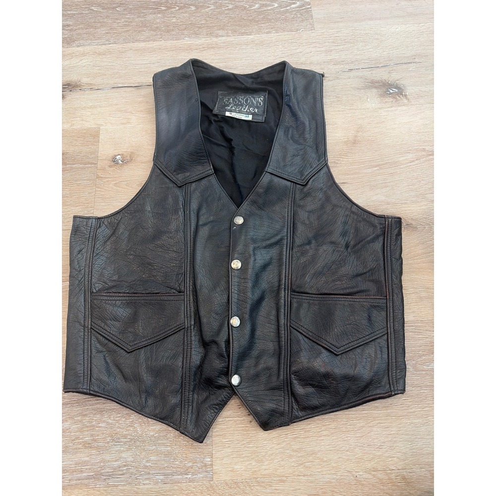 Sassons Leather Mens Motorcycle Biker Vest Black Snap Front